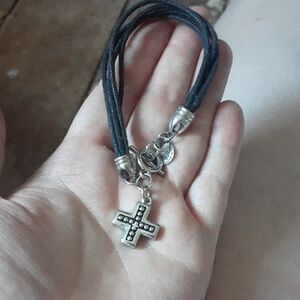 Sarah Coventry Black Cord Bracelet with Silver Cross Charm